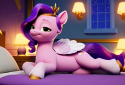 Size: 1216x832 | Tagged: safe, imported from derpibooru, pipp petals, pegasus, pony, 3d, absurd resolution, adorapipp, ai content, ai generated, bed, bedroom, bedroom eyes, cute, female, g5, generator:pony diffusion v6 xl, generator:stable diffusion, lamp, looking at you, lying down, my little pony: a new generation, night, pose, prompter:harvydraws, show accurate, solo, stars