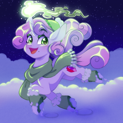 Size: 1280x1280 | Tagged: safe, artist:carouselunique, imported from derpibooru, sweetie belle, unicorn, clothes, hat, horn, magic, night, shoes, snow, solo, telekinesis, winter hat