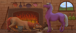 Size: 1800x799 | Tagged: safe, artist:jenery, oc, oc only, oc:cinder star, oc:lady fragrance, earth pony, pony, unicorn, cleaning, dirty, duo, female, fire, fireplace, hoers, horn, kitchen, mare, scrubbing, stepmother