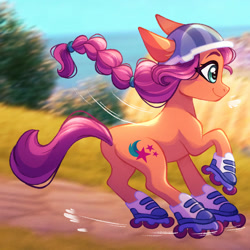 Size: 1280x1280 | Tagged: safe, artist:carouselunique, imported from derpibooru, sunny starscout, earth pony, pony, braid, februpony, g5, my little pony: a new generation, roller skates, scenery, skates, solo