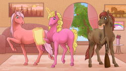 Size: 1280x722 | Tagged: safe, artist:jenery, oc, oc only, oc:cherry blossom, oc:cinder star, oc:rose petal, earth pony, pony, unicorn, apple, apple tree, broom, cleaning, couch, dirty, female, horn, magic, mare, picture, raised leg, siblings, sisters, stepsisters, telekinesis, tree, trio