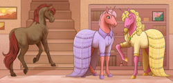 Size: 1280x612 | Tagged: safe, artist:jenery, oc, oc only, oc:cherry blossom, oc:cinder star, oc:rose petal, earth pony, pony, unicorn, clothes, dirty, dress, eyes closed, female, hoers, horn, mare, smiling, stairs, trio