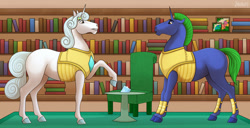 Size: 1280x653 | Tagged: safe, artist:jenery, oc, oc only, oc:light shield, oc:prince majestic, pony, unicorn, armor, duo, hoers, male, raised leg, stallion