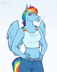 Size: 1026x1280 | Tagged: safe, artist:jenery, rainbow dash, anthro, pegasus, clothes, female, jeans, pants, short shirt, solo, spread wings, wings