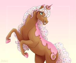 Size: 2103x1752 | Tagged: safe, artist:jenery, oc, oc only, oc:donut daydream, pony, unicorn, donut, female, food, hoers, horn, mare, rearing, smiling, solo