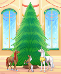Size: 1751x2105 | Tagged: safe, artist:jenery, oc, oc only, oc:cinder star, oc:prince majestic, oc:serenity, earth pony, pony, unicorn, armor, christmas, christmas tree, father and child, father and daughter, female, filly, hoers, holiday, horn, jewelry, male, mare, mother and child, mother and daughter, rearing, stallion, tiara, tree
