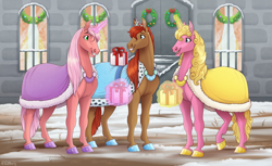 Size: 2456x1500 | Tagged: safe, artist:jenery, oc, oc only, oc:cherry blossom, oc:cinder star, oc:rose petal, earth pony, pony, unicorn, christmas, christmas presents, christmas wreath, clothes, coat, female, holiday, horn, jewelry, magic, mare, siblings, sisters, smiling, snow, stepsisters, telekinesis, tiara, trio, wreath