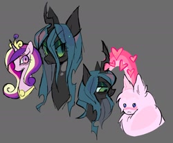 Size: 1796x1481 | Tagged: safe, artist:casinokip, artist:ponykip, imported from derpibooru, princess cadance, queen chrysalis, oc, oc:fluffle puff, alicorn, changeling, changeling queen, earth pony, pony, :3, big ears, black coat, blue eyes, blushing, bust, canon x oc, chrysipuff, colored sclera, colored sketch, crown, duality, earth pony oc, emanata, eye clipping through hair, eyebrows, eyebrows visible through hair, eyeshadow, fangs, female, floating heart, frown, gray background, green sclera, heart, height difference, horn, jewelry, lesbian, lidded eyes, long horn, long neck, looking at each other, looking at someone, makeup, mare, multicolored mane, narrowed eyes, open mouth, open smile, peytral, pink coat, profile, purple eyes, rainbow, regalia, shipping, simple background, sketch, slit pupils, smiling, straight mane, teal mane, tiara, trio, trio female, unicorn horn, wavy mane, wingding eyes