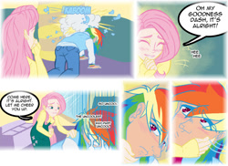 Size: 1000x728 | Tagged: artist needed, source needed, safe, imported from derpibooru, fluttershy, rainbow dash, human, all fours, blushing, comic, crying, female, flutterdash, hand on cheek, humanized, laughing, lesbian, lip bite, shipping, speech bubble, unamused