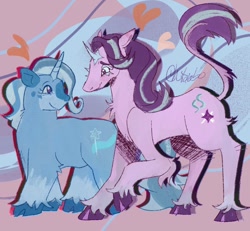 Size: 1080x1000 | Tagged: safe, artist:ohitqabo, imported from derpibooru, starlight glimmer, trixie, pony, unicorn, duo, female, heart, horn, leonine tail, lesbian, looking at each other, looking at someone, shipping, smiling, smiling at each other, startrix, tail, unshorn fetlocks