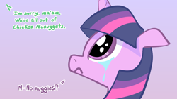Size: 1920x1080 | Tagged: safe, artist:purblehoers, imported from derpibooru, twilight sparkle, pony, unicorn, chicken meat, chicken nugget, crying, dialogue, food, horn, mcdonald's, meat, ponies not eating meat, sad, simple background, solo, text