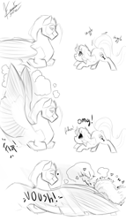 Size: 800x1400 | Tagged: source needed, safe, artist:satine, imported from twibooru, oc, oc only, oc:satine, pegasus, pony, black and white, duo, excited, female, giggling, grayscale, hug, image, large wings, male, mare, monochrome, oc name needed, png, prone, signature, simple background, size difference, spread wings, stallion, white background, winghug, wings