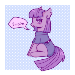 Size: 1000x1000 | Tagged: safe, artist:emvy10, imported from derpibooru, maud pie, earth pony, pony, belt, clothes, dress, eyeshadow, female, makeup, mare, sitting, solo, speech bubble
