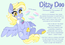 Size: 1280x886 | Tagged: safe, artist:carouselunique, imported from derpibooru, derpy hooves, pegasus, pony, unicorn, alternate cutie mark, alternate design, alternate hairstyle, alternate universe, blue background, character swap, colored hooves, female, fetlock tuft, horn, mare, reference sheet, side stars au, simple background, smiling, solo, text, unshorn fetlocks