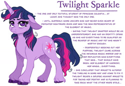 Size: 1280x886 | Tagged: safe, artist:carouselunique, imported from derpibooru, twilight sparkle, pony, unicorn, alternate cutie mark, alternate design, alternate hairstyle, alternate universe, character swap, cloven hooves, colored hooves, female, fetlock tuft, horn, mare, reference sheet, side stars au, simple background, smiling, solo, text, trotting, unshorn fetlocks