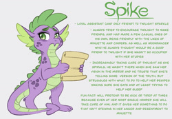 Size: 1280x887 | Tagged: safe, artist:carouselunique, imported from derpibooru, spike, dragon, alternate design, alternate universe, character swap, depressed, male, reference sheet, scroll, side stars au, simple background, smiling, solo, text