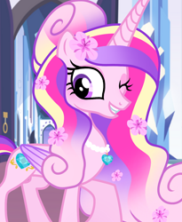 Size: 1080x1318 | Tagged: safe, artist:cstrawberrymilk, imported from derpibooru, princess cadance, alicorn, pony, alternate design, concave belly, ethereal mane, flower, flower in hair, jewelry, long mane, necklace, one eye closed, pearl necklace, raised hoof, slender, solo, thin, wink