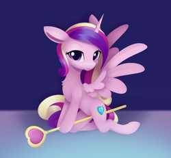 Size: 2828x2616 | Tagged: safe, artist:dusthiel, imported from derpibooru, princess cadance, alicorn, pony, chest fluff, eyebrows, female, floppy ears, horn, kneeling, lidded eyes, looking at you, mare, round belly, scepter, smiling, smiling at you, solo, spread wings, wings