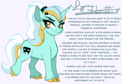 Size: 2048x1419 | Tagged: safe, artist:carouselunique, imported from derpibooru, lyra heartstrings, pony, unicorn, alternate cutie mark, alternate design, alternate hairstyle, alternate universe, antagonist, character swap, cloven hooves, colored hooves, female, fetlock tuft, horn, mare, reference sheet, side stars au, simple background, smiling, solo, text, unshorn fetlocks