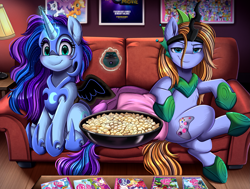 Size: 2975x2247 | Tagged: safe, artist:pridark, imported from derpibooru, oc, oc only, earth pony, pony, unicorn, clothes, costume, couch, desk lamp, earth pony oc, food, horn, popcorn, remote control, unicorn oc