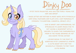 Size: 1280x887 | Tagged: safe, artist:carouselunique, imported from derpibooru, dinky hooves, pony, unicorn, alternate cutie mark, alternate design, alternate hairstyle, alternate universe, character swap, cloven hooves, colored hooves, female, fetlock tuft, filly, foal, heterochromia, horn, reference sheet, side stars au, simple background, smiling, solo, text, unshorn fetlocks