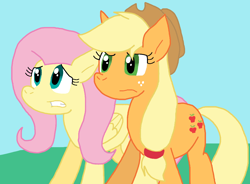 Size: 1080x794 | Tagged: safe, artist:cmara, imported from derpibooru, applejack, fluttershy, earth pony, pegasus, applejack's hat, cowboy hat, female, hat