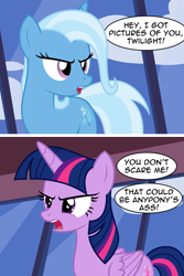 Size: 1752x2620 | Tagged: safe, artist:badumsquish, derpibooru exclusive, imported from derpibooru, trixie, twilight sparkle, alicorn, unicorn, 2 panel comic, angry, argument, blackmail, chief wiggum, comic, dialogue, female, folded wings, frown, horn, mare, marge vs the monorail, mayor quimby, noodle incident, show accurate, simpsons did it, sky, the simpsons, threat, threatening, twilight sparkle (alicorn), vulgar, window, wings