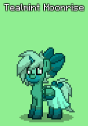 Size: 286x409 | Tagged: safe, artist:mlpfantealmintmoonrise, imported from derpibooru, oc, oc:tealmint moonrise marine, pony, pony town, bag, bow, clothes, dress, facial markings, female, gradient hooves, gradient horn, hair bow, horn, mare, pixel art, saddle bag, shadow, short mane, solo, tail, tail bow