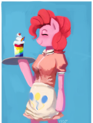 Size: 818x1080 | Tagged: safe, artist:idlyabetteliina, imported from derpibooru, pinkie pie, earth pony, pony, semi-anthro, apron, bipedal, clothes, drink, female, food, mare, smiling, solo, waitress, whipped cream