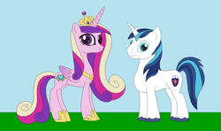 Size: 1354x799 | Tagged: safe, artist:marybethemberjoy49-1, imported from derpibooru, princess cadance, shining armor, alicorn, unicorn, concave belly, crown, female, height difference, hoof shoes, horn, jewelry, male, peytral, physique difference, princess shoes, regalia, shiningcadance, shipping, slender, straight, thin