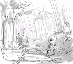 Size: 3000x2612 | Tagged: safe, artist:captainhoers, imported from derpibooru, oc, oc only, pony, unicorn, clothes, forest, grayscale, hoodie, horn, levitation, magic, male, monochrome, nature, solo, stallion, telekinesis, train, train tracks, tree