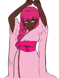 Size: 768x1024 | Tagged: safe, artist:icicle-niceicle-1517, artist:lunathekitsunegirl, artist:metaruscarlet, color edit, edit, imported from derpibooru, pinkie pie, human, alternate hairstyle, clothes, collaboration, colored, dark skin, female, humanized, kimono (clothing), nail polish, ponytail, simple background, solo, transparent background