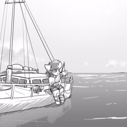 Size: 3000x3000 | Tagged: safe, artist:captainhoers, imported from derpibooru, oc, oc only, pony, unicorn, boat, diving suit, dressing, floppy ears, grayscale, high res, horn, monochrome, ocean, reflection, sitting, solo, water