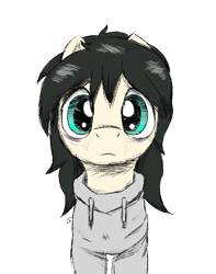Size: 406x516 | Tagged: safe, artist:ricy, oc:floor bored, earth pony, pony, clothes, featured image, female, hoodie, looking at you, mane, mare, mare stare, tired eyes