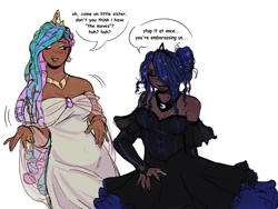 Size: 1080x810 | Tagged: safe, artist:dulcesilly, imported from derpibooru, princess celestia, princess luna, human, alternate hairstyle, black hair, brooch, clothes, curly hair, dark skin, dreadlocks, dress, duo, duo female, duo focus, female, frills, frilly dress, goth, gothic, humanized, jewelry, simple background, white background