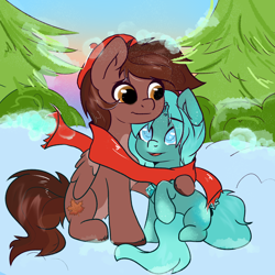 Size: 3000x3000 | Tagged: safe, artist:kristina, imported from derpibooru, oc, oc only, oc:allira, oc:autumn rosewood, earth pony, pegasus, pony, unicorn, clothes, commission, couple, horn, love, scarf, shared clothing, shared scarf, snow, tree, ych result