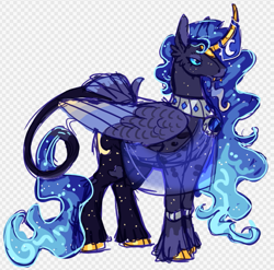 Size: 1177x1162 | Tagged: safe, artist:devilbunzz, imported from derpibooru, princess luna, alicorn, pony, alternate color palette, alternate design, alternate hair color, alternate tail color, alternate tailstyle, bangles, blue eyes, blue mane, blue sclera, blue tail, checkered background, cheek fluff, colored horn, colored muzzle, colored pinnae, colored wings, colored wingtips, curved horn, ear fluff, ethereal mane, ethereal tail, fangs, female, folded wings, frown, horn, jewelry, leonine tail, lidded eyes, long mane, long tail, mare, multicolored coat, multicolored wings, patterned background, peacock feathers, peytral, purple coat, solo, sparkly mane, sparkly tail, standing, tail, unshorn fetlocks, veil, wavy mane, wavy tail, wings