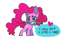 Size: 598x399 | Tagged: safe, artist:cutesykill, imported from derpibooru, pinkie pie, earth pony, pony, beanbrows, blue eyes, blue sclera, chibi, colored eyebrows, colored pinnae, concave belly, dialogue, eyebrows, female, floating heart, heart, implied cannibalism, implied violence, knife, long mane, long tail, mare, mouth hold, pink coat, pink mane, pink tail, simple background, solo, speech bubble, tail, talking to viewer, text, this will end in death, this will end in pain, this will end in pain and/or death, white background, wide eyes