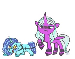 Size: 1024x804 | Tagged: safe, artist:petaltwinkle, imported from derpibooru, opaline arcana, alicorn, pony, unicorn, blue coat, blue mane, blue tail, blushing, colored hooves, colored sketch, curly mane, curly tail, curved horn, duo, duo female, eye clipping through hair, eyeshadow, female, folded wings, frown, g5, harness, horn, leash, long mane, long tail, makeup, mare, misty brightdawn, narrowed eyes, opaline arcana is not amused, open mouth, open smile, pink coat, raised hoof, signature, simple background, sketch, smiling, starry eyes, tack, tail, two toned mane, two toned tail, unamused, unshorn fetlocks, wavy mane, wavy tail, white background, white mane, white tail, wingding eyes, wings