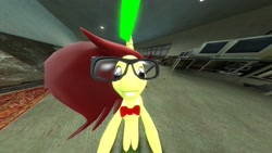 Size: 2560x1440 | Tagged: safe, imported from derpibooru, oc, oc only, unnamed oc, pegasus, pony, unicorn, 3d, 3d model, 4chan, bucktooth, female, glasses, gmod, green magic, horn, mare, nerd, nerd pony, pc, pc game, red mane, red tie, solo, source, source filmmaker, unicorn oc, video game, yellow coat