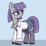 Size: 2500x2500 | Tagged: safe, artist:t72b, imported from derpibooru, maud pie, earth pony, pony, alternate clothes, button-up shirt, clothes, ear piercing, earring, female, jewelry, mare, necklace, piercing, shirt, shoes, side slit, simple background, skirt, socks, stockings, thigh highs