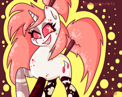 Size: 1248x1000 | Tagged: safe, artist:angietswing, imported from derpibooru, pony, unicorn, abstract background, cherri bomb, clothes, female, hazbin hotel, horn, mare, ponified, red sclera, sharp teeth, socks, solo, teeth, unusual pupils