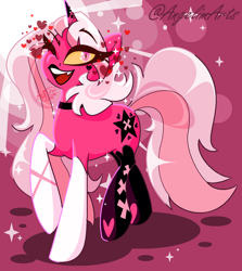 Size: 1248x1396 | Tagged: safe, artist:angietswing, imported from derpibooru, pony, unicorn, abstract background, choker, clothes, fangs, female, heart, hellaverse, helluva boss, horn, mare, one eye closed, ponified, socks, solo, verosika mayday, wink