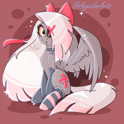 Size: 1496x1496 | Tagged: safe, artist:angietswing, imported from derpibooru, pegasus, pony, abstract background, bow, chest fluff, choker, clothes, eye clipping through hair, eyepatch, female, hair bow, hazbin hotel, hellaverse, mare, ponified, sitting, socks, solo, spread wings, striped socks, vaggie, wings