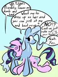 Size: 941x1264 | Tagged: safe, artist:captainzigo, imported from derpibooru, starlight glimmer, trixie, pony, unicorn, dialogue, duo, duo female, eyes closed, female, horn, lesbian, looking back, mare, shipping, speech bubble, startrix