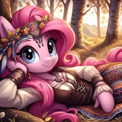 Size: 1024x1024 | Tagged: safe, imported from derpibooru, pinkie pie, anthro, earth pony, ai content, ai generated, birch tree, clothes, cyrillic, female, forest, nature, russian, slavic, solo, tree