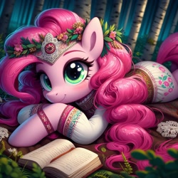 Size: 1024x1024 | Tagged: safe, imported from derpibooru, pinkie pie, earth pony, pony, ai content, ai generated, birch tree, book, clothes, cyrillic, female, forest, mare, nature, russian, slavic, solo, tree