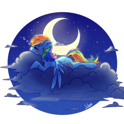 Size: 1000x1000 | Tagged: safe, artist:julieee3e, imported from derpibooru, rainbow dash, pegasus, pony, cloud, fanart, moon, night, on a cloud, onomatopoeia, sky, sleeping, sleeping on a cloud, solo, sound effects, stars, zzz
