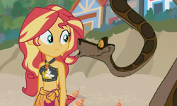 Size: 768x461 | Tagged: safe, artist:ocean lover, edit, edited screencap, imported from derpibooru, screencap, sunset shimmer, human, snake, bare midriff, bare shoulders, beach, belly button, bikini, clothes, crossover, disney, geode of empathy, hypno eyes, hypnosis, kaa, kaa eyes, link in description, looking at each other, looking at someone, magical geodes, midriff, outdoors, sand, sarong, shell, summer, summer sunset, swimsuit, teal eyes, thumbnail, youtube link, youtube link in the description, youtube thumbnail, youtube video