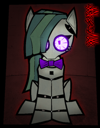 Size: 1172x1492 | Tagged: safe, artist:xxv4mp_g4z3rxx, imported from derpibooru, marble pie, earth pony, pony, robot, robot pony, animatronic, bowtie, crossover, female, five nights at freddy's, glowing, glowing eyes, green coat, green mane, looking at you, mare, purple eyes, red background, signature, simple background, sitting, solo, two toned mane
